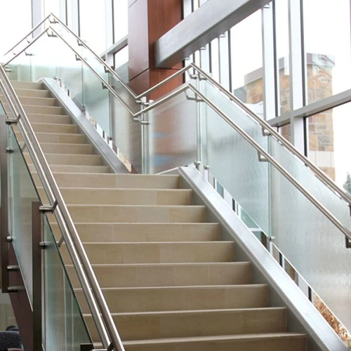 Trapezoidal safety stair railing glass manufacturer, spiral stair railing curved glass supplier
