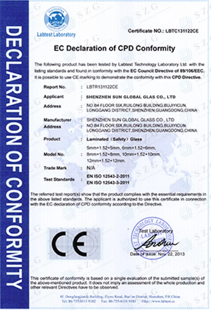 CE EN 12543 GLASS CERTIFICATE