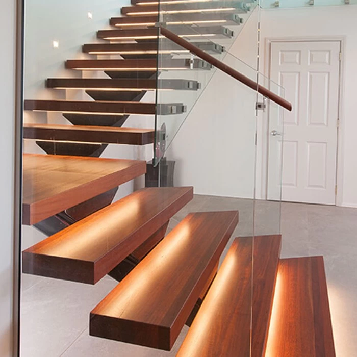 SZG floating wooden steps and glass railing system