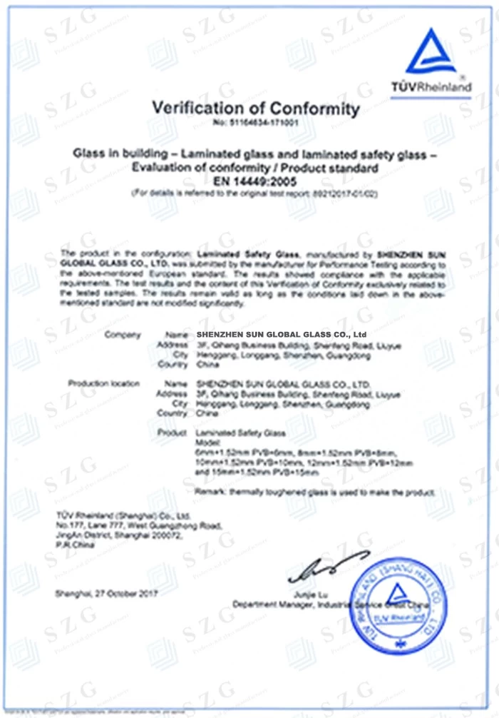 CE EN14449 GLASS CERTIFICATE