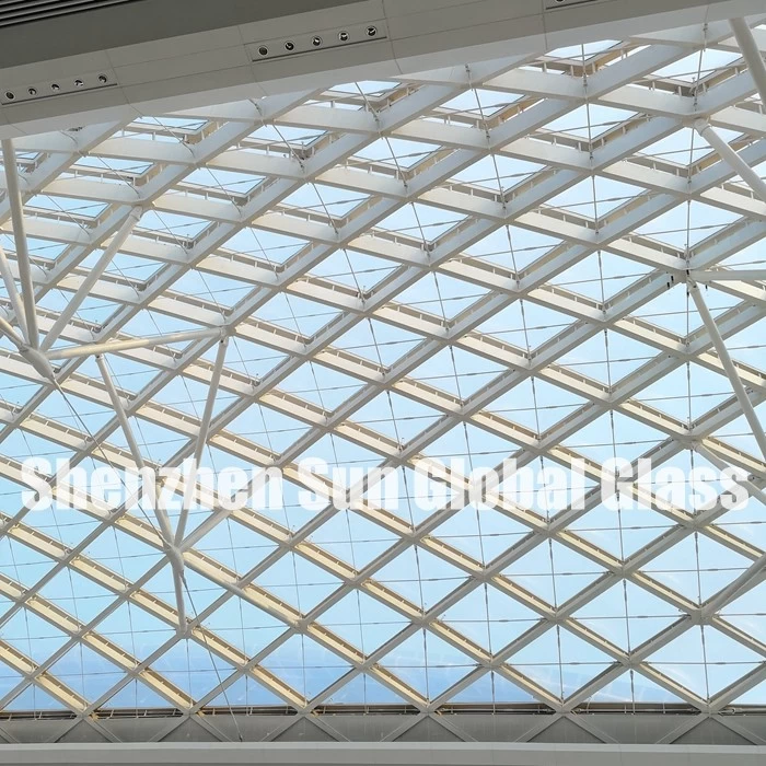 21.52mm low iron tempered laminated glass skylight, 10mm+10mm ultra clear toughened sandwich glass for canopy, 1010.4 ESG VSG extra clear glass roof 