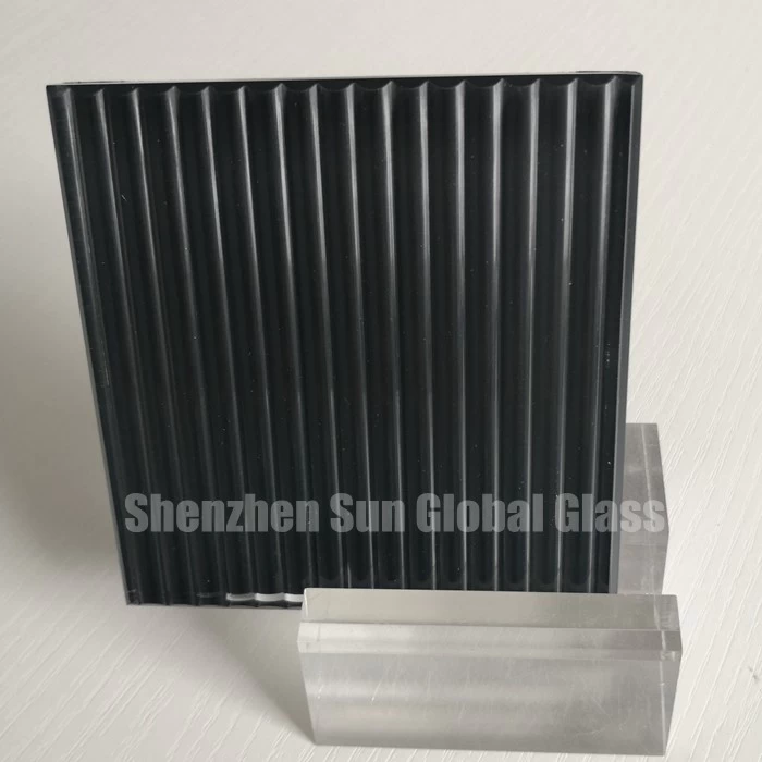 fluted black glass, 8mm fluted silvered glass black, grooved glass, grey reeded glass, fluted cast glass, ribbed cast glass, color fluted glass, corrugated glass, tempered ribbed glass