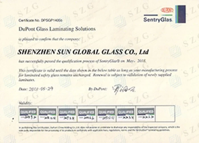 DUPONT SGP LAMINATED GLASS CERTIFICATE