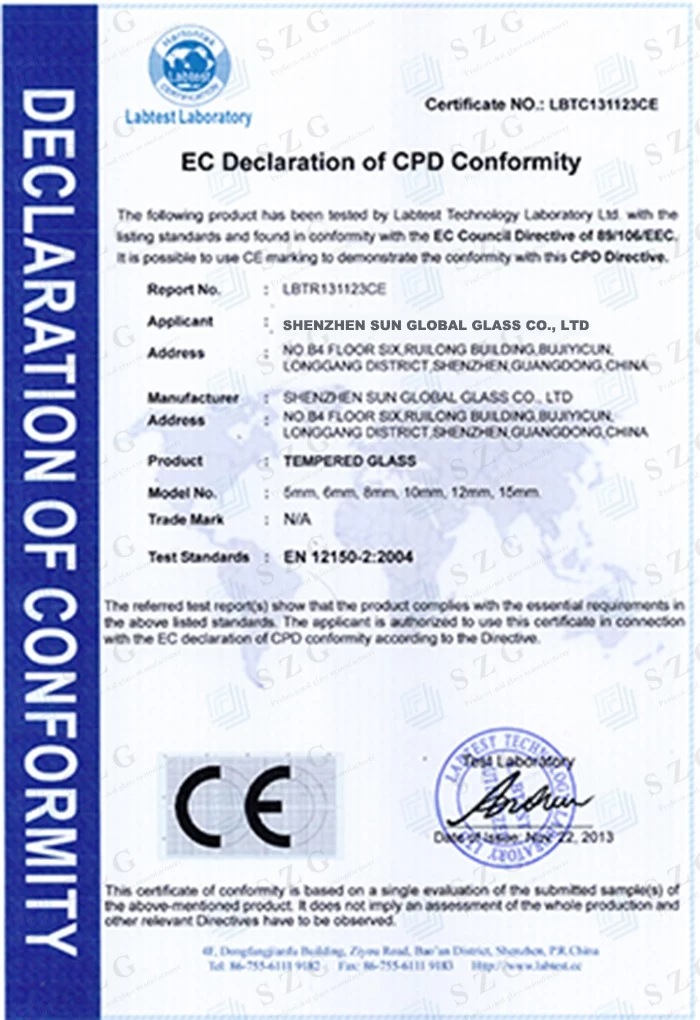 CE 12150 GLASS CERTIFICATE