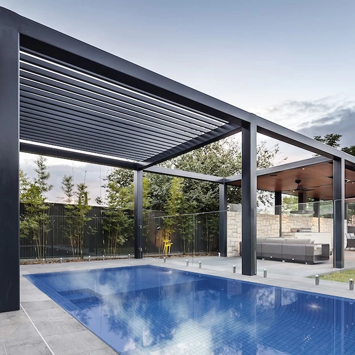 motorized struxure louvered pergola for swimming pool, adjustable  retractable louvered pool cover roof, aluminium louvered pergola roof system