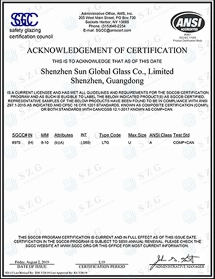 SGCC ANSI Z97 GLASS CERTIFICATE