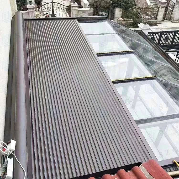 aluminum and polyurethane thermal insulation foam inside roof, roller blind retractable awnings, motorized rolling shutter roof system