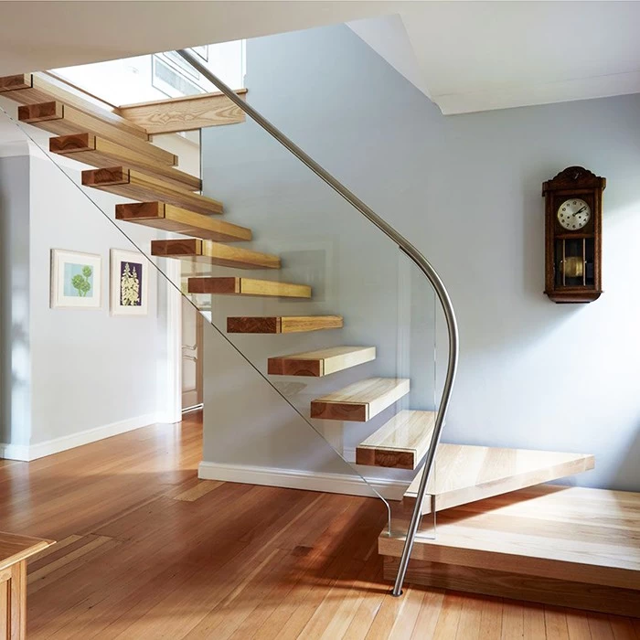 floating wooden steps and glass railing system, interior wood and glass staircase, building floating wood stair steps