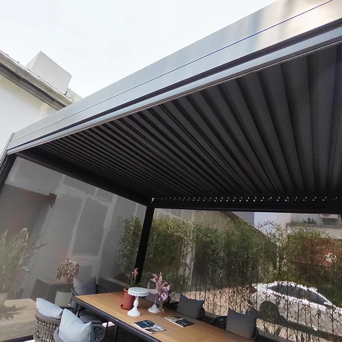 motorized louvered roof pergola with side curtain, automatic adjustable louvered roof system, aluminium remote control pergola shutters