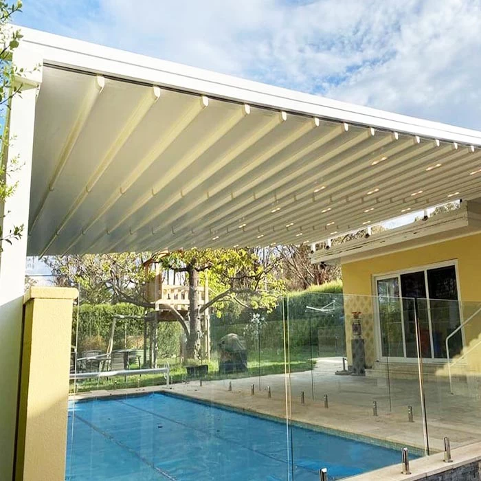 retractable awning for swimming pool cover, motorized retractable pvc fabric awning, modern electric automatic folding pergola