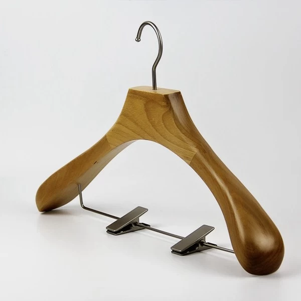 Brown Large Natural Wood Suit Hanger with Chrome Hook and Locking Pants Bar