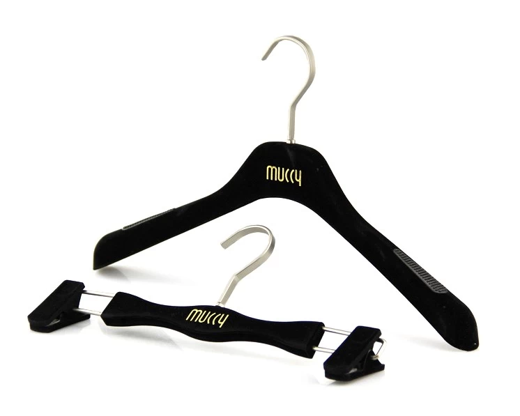 China Velvet Plastic Hangers Factory Luxury Black Plastic Flocked Suede  Coat Hangers with Pant bar Manufacture and Factory