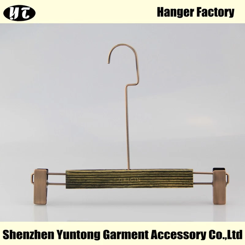 China WBW-002 wooden pant hanger with long metal hook bottom hanger with clips manufacturer