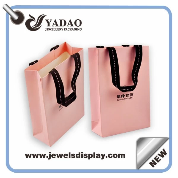 2015 hot selling jewelry pink shopping bag paper bag for jewelry with logo and drawstring made in China