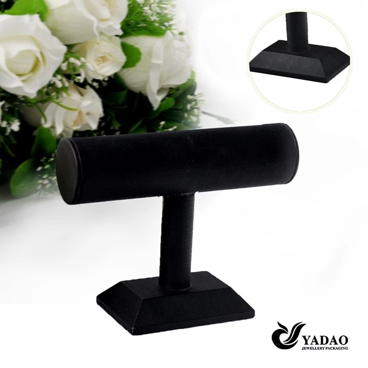 Black leather T-bar shape wooden jewelry display stand for bracelet display with factory price made in China