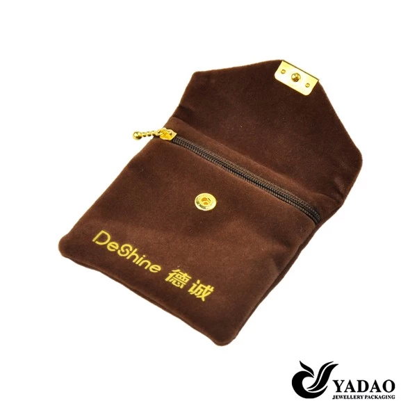 Brown Plush velvet jewellery pouch bags with metal button for jewelry packaging