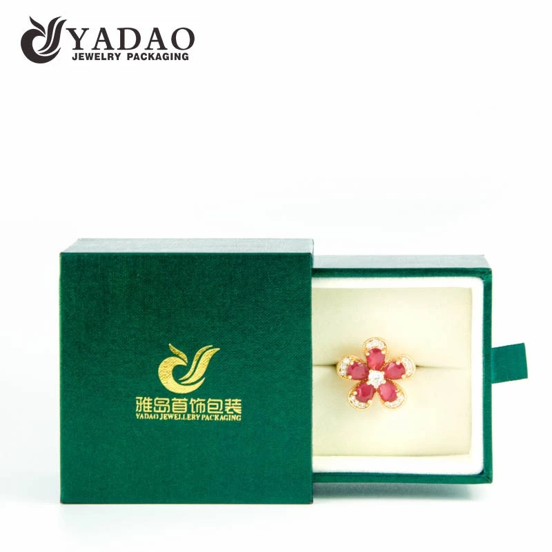 CUSTOM MADE Luxury sliding leatherette paper ring box with hot stamp logo and soft velvet interior for packing fine jewelry and fashion jewelry.