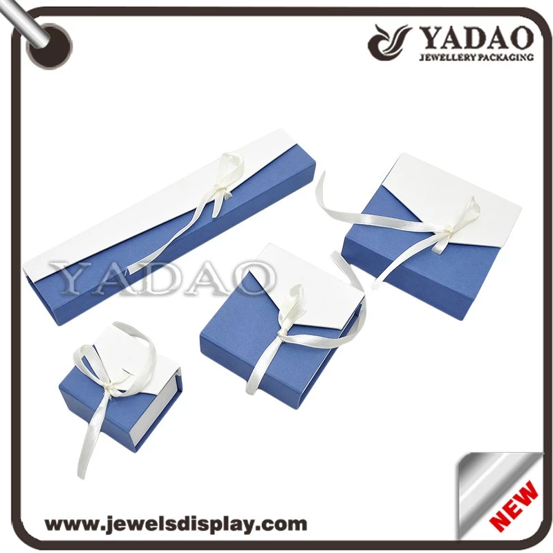 China Custom blue and white paper box with white silk ribbon for rings earrings necklace and bracelet packing jewelry gift box