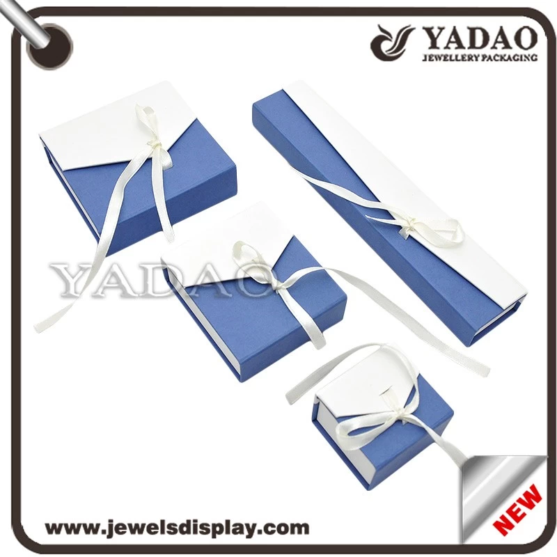 China Custom blue and white paper box with white silk ribbon for rings earrings necklace and bracelet packing jewelry gift box
