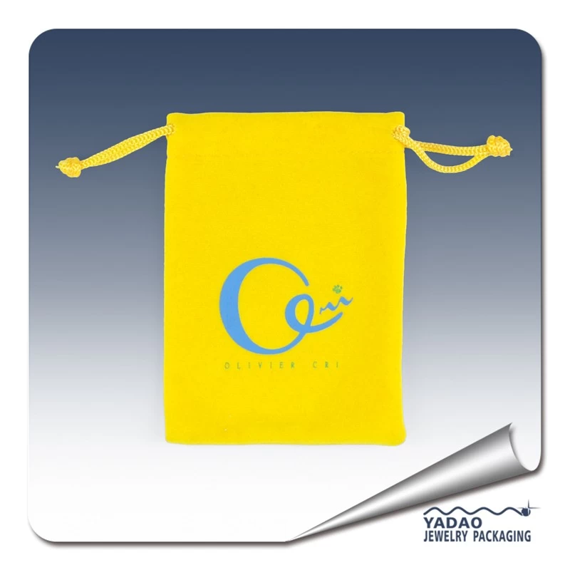 China Yellow color velvet jewelry pouch with string and silk screen logo factory