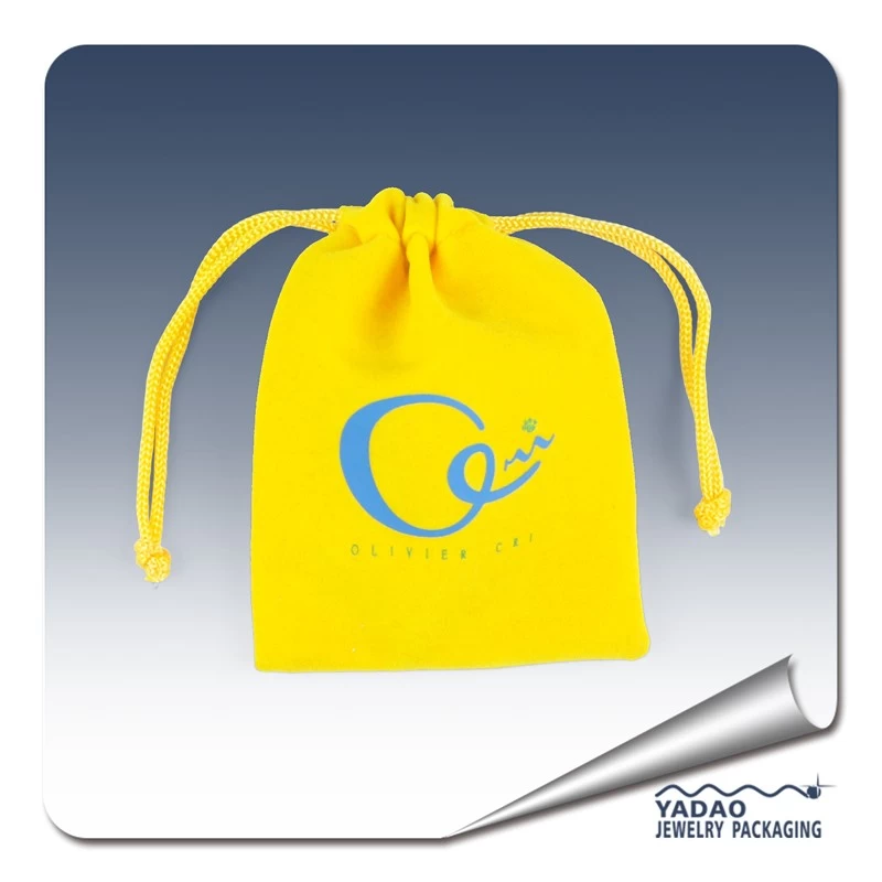 China Yellow color velvet jewelry pouch with string and silk screen logo factory