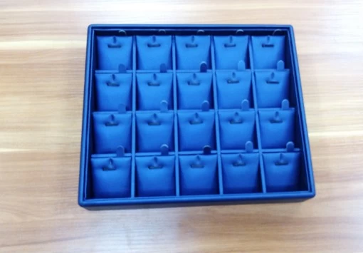 China factory of Custom MDF jewelry trays wrapped with blue PU leather for jewellery shop and cabinet showcase necklace trays