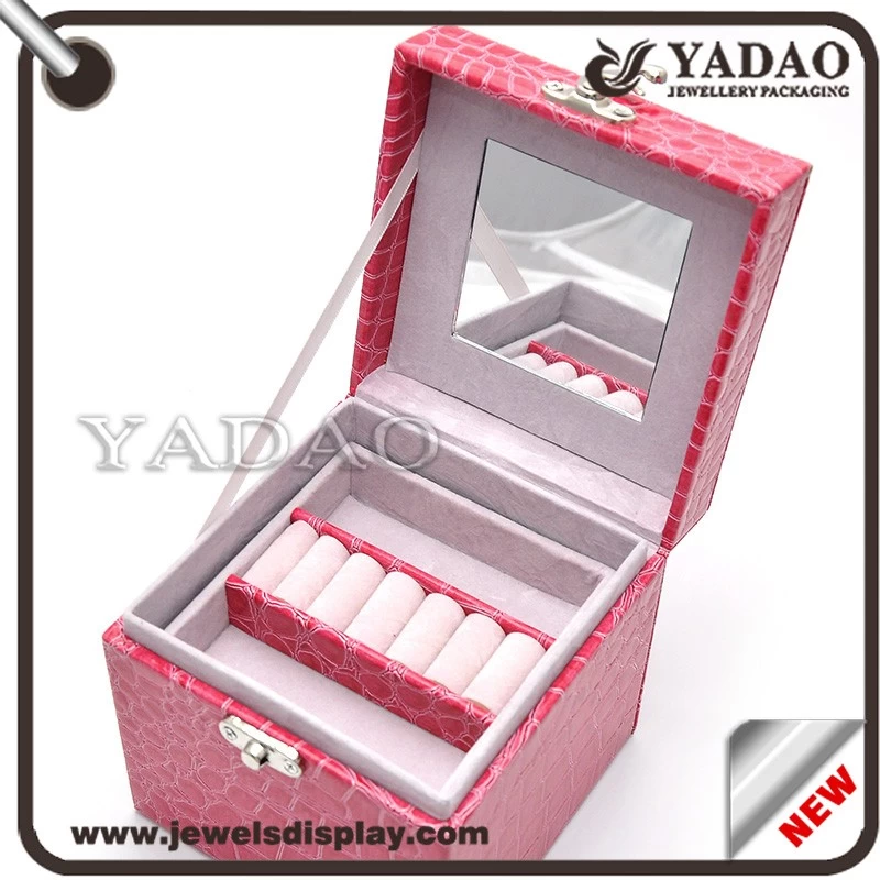 China factory of Stock  MDF jewelry case wrapped with pink PU leather outside and velvet inside for jewelry shop packing and party favors jewellery packing box