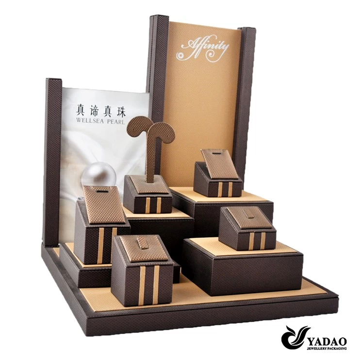 Custom Chocolate PU leather jewelry display prop with MOQ 20 for shop counter showcase and exhibitor used jewelry display cases