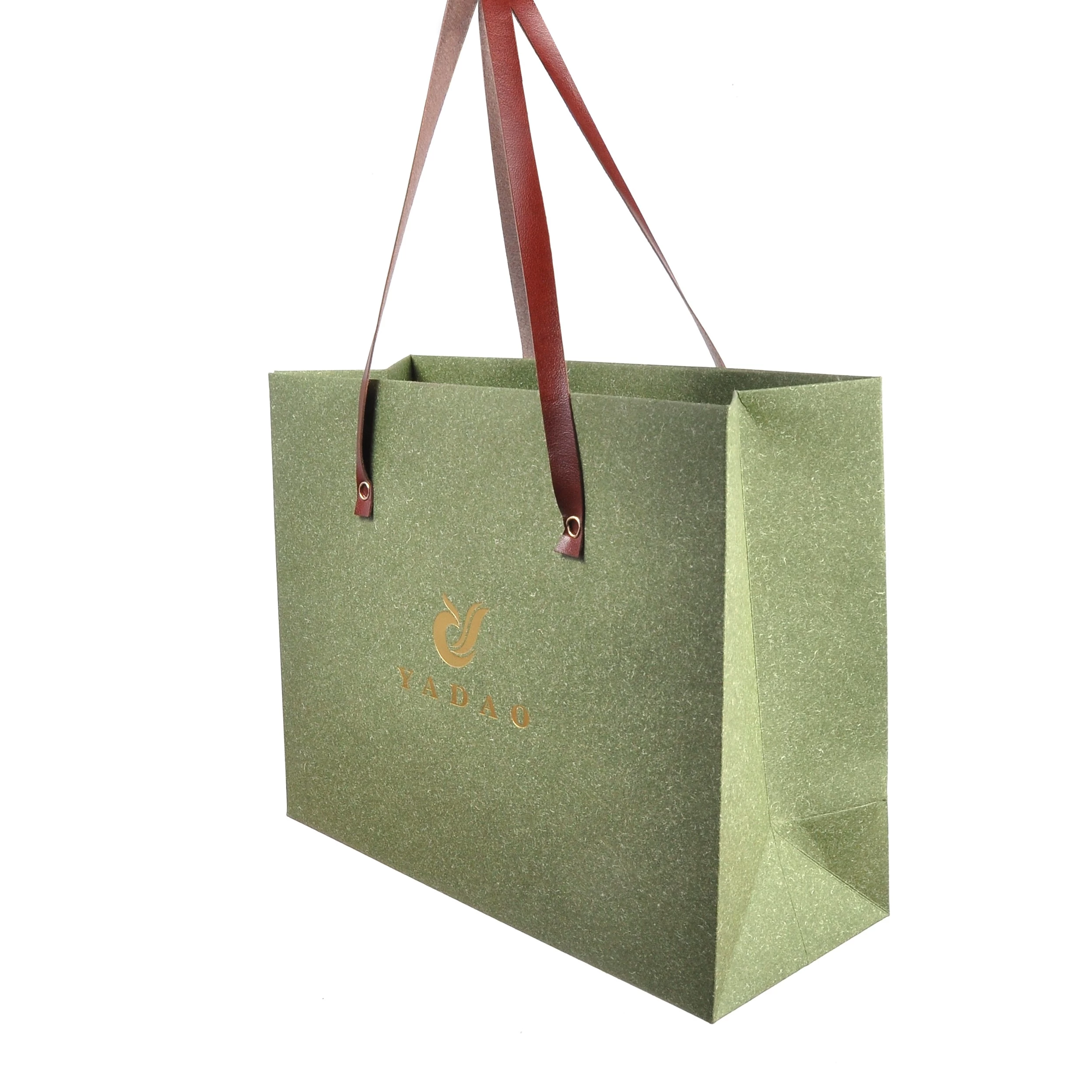 Personalized paper shopping bag for jewelry or gift packaging with leather handle