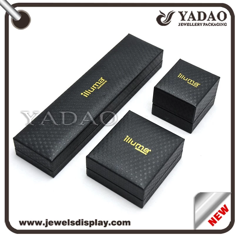 Custom black PU leather packing boxes with gold hot stamping logo for jewelry and gift storage and party favors jewellery case