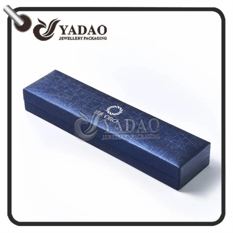 Customized plastic bracelet box covered with shiny pu paper with velvet insert and free logo printing service.