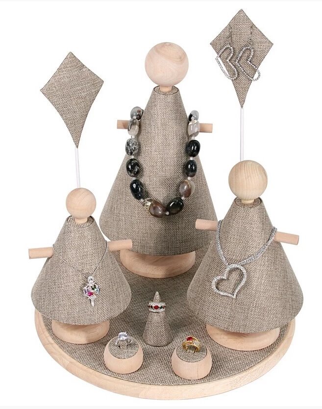 Cute design wooden jewelry display stand set for ring necklace earring from China