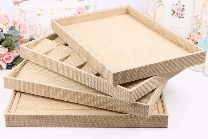 Discount manufactuer custom luxury wooden tray for jewelry bracelet Linen jewelry display tray  wholesale