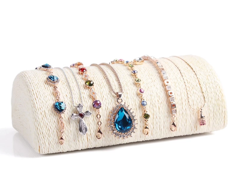 Elegant semi cylinder wood base bracelet necklace display with various material cover for jewelry counter display