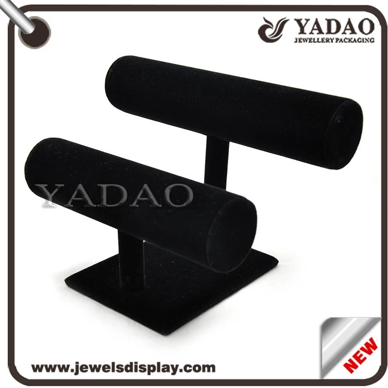 Elegant two stands black velvet wooden bracelet bangle display stand made in China