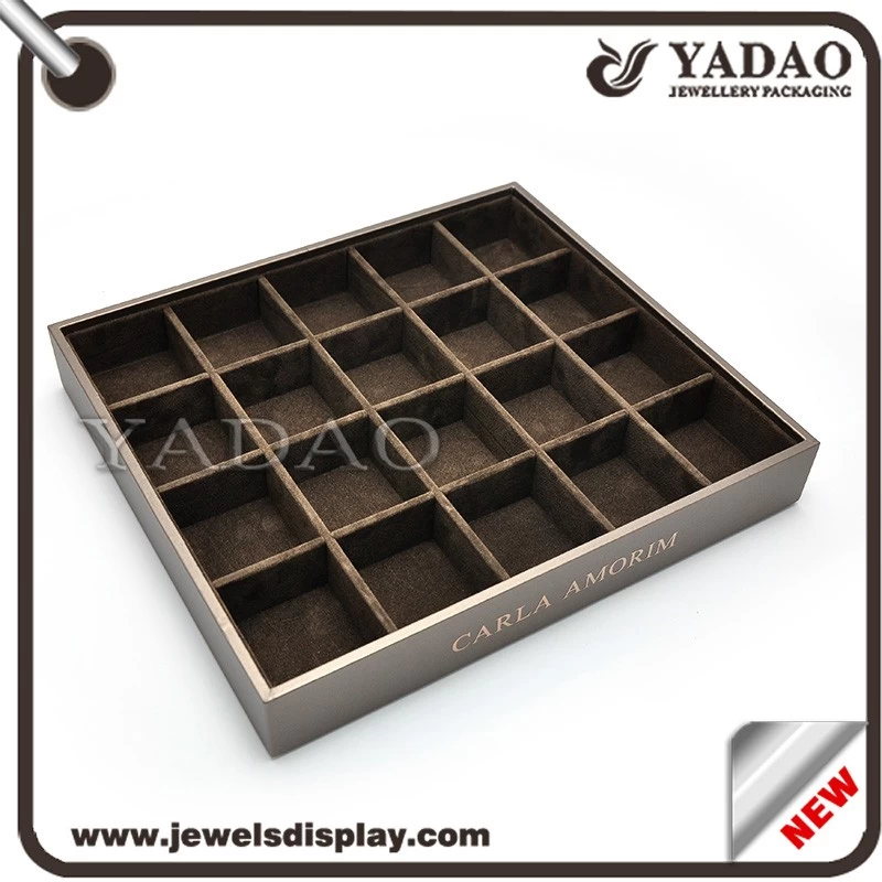 Factory sell directly jewelry display products wooden covered brown color velvet jewelry tray wood jewelry display tray wholesale