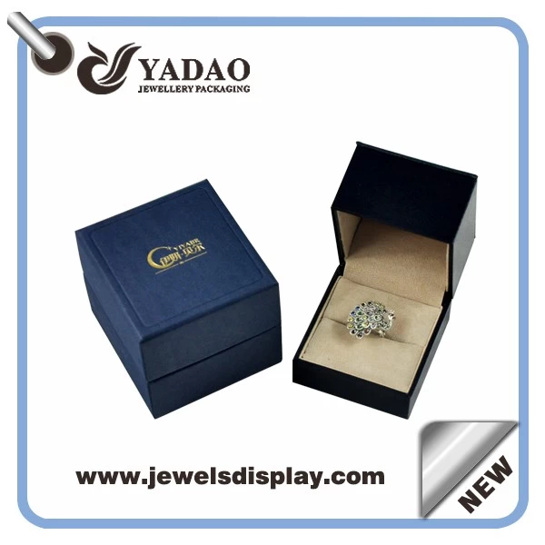 Fashion Small blue ring boxes ,ring packing cases ,ring jewelry chests with hot stamping gold logo for jewelry shop counter and window