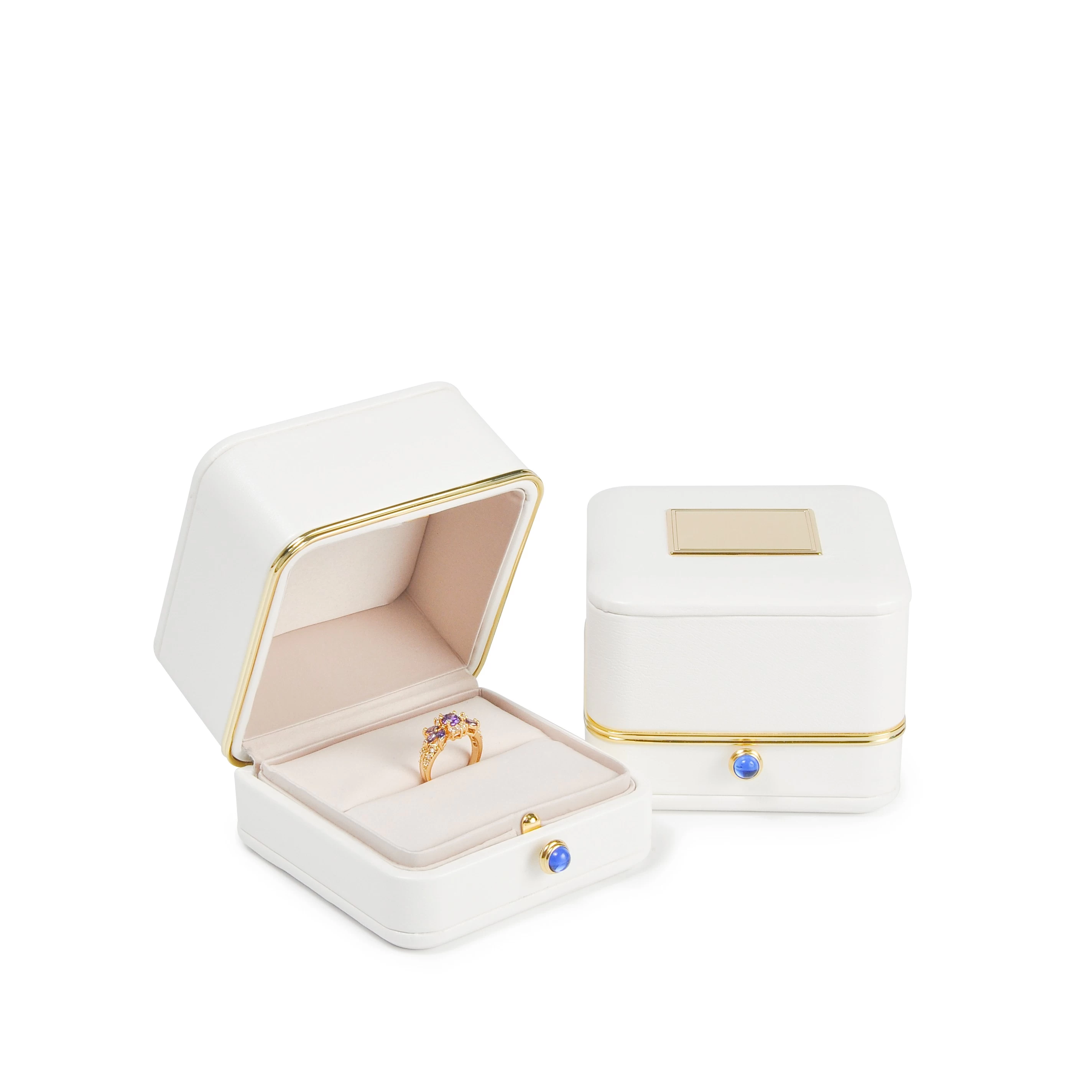 Fashion White Plastic Box Gold Edge Feature Button Ring Jewelry Box Proposal Ring Box