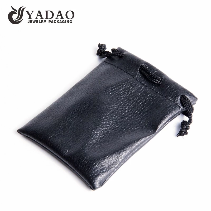 Handmade custom luxury black PU leather jewelry pouch gift bag with logo printing
