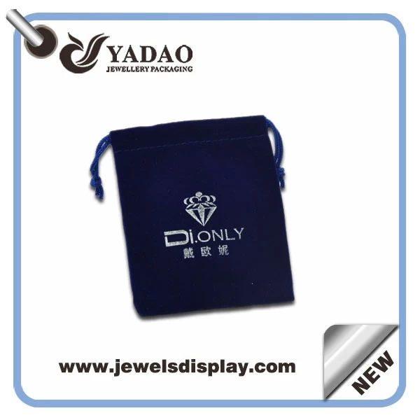 Handmade thick dark blue jewelry gift bags ,jewelry packing bags ,velvet jewelry bags with silver hot stamping with custom logo and samples