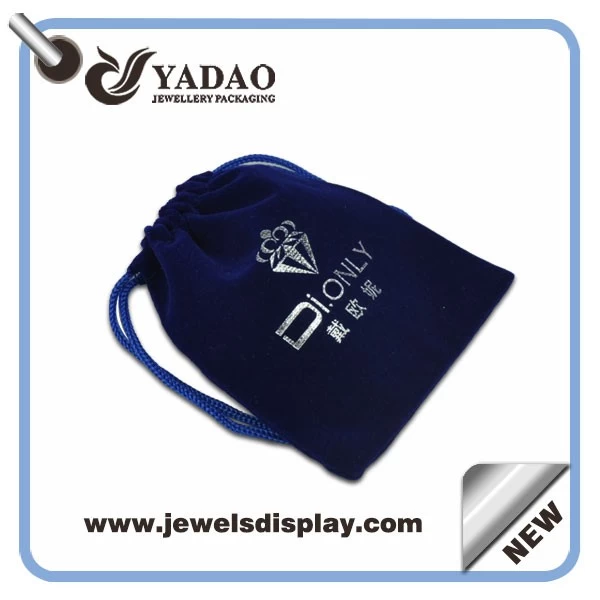 Handmade thick dark blue jewelry gift bags ,jewelry packing bags ,velvet jewelry bags with silver hot stamping with custom logo and samples