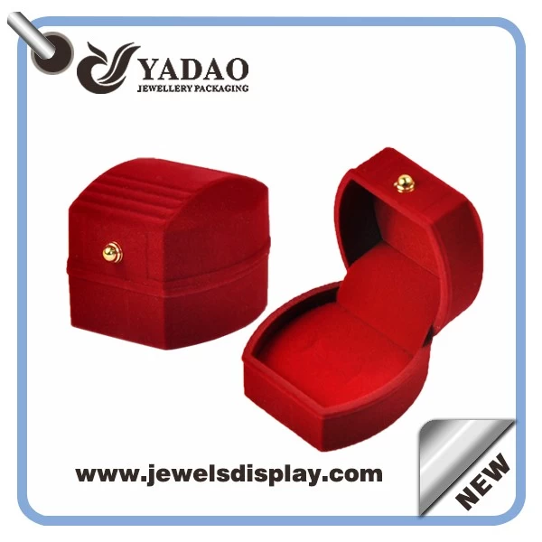 High quality Red jewelry flocking boxes with metal button for ring,ring packaging box for jewelry