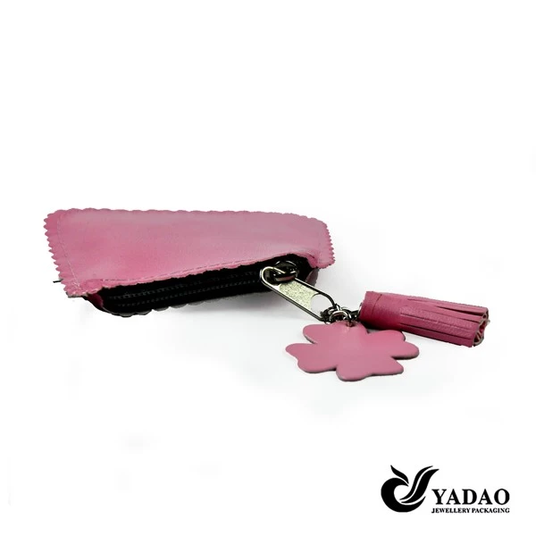 Hot selling pink leather pouch for jewelry package with zipper and logo made in China