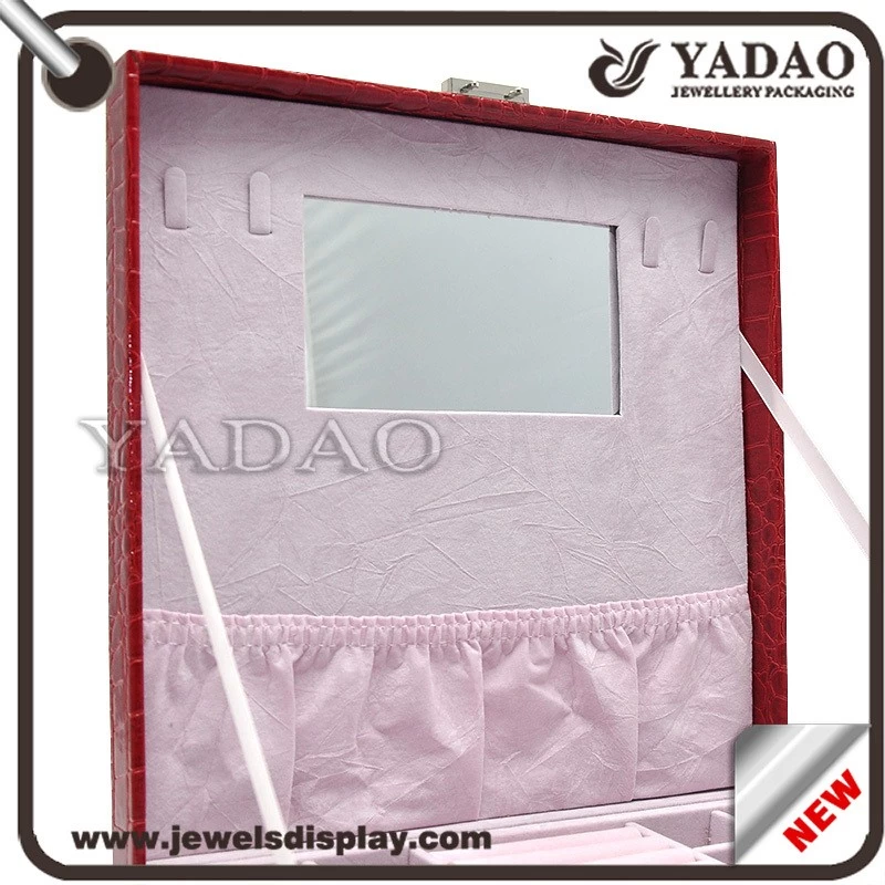 Large capacity rectangle lining leather covered locking jewelry plastic box for packaging with mirror inside