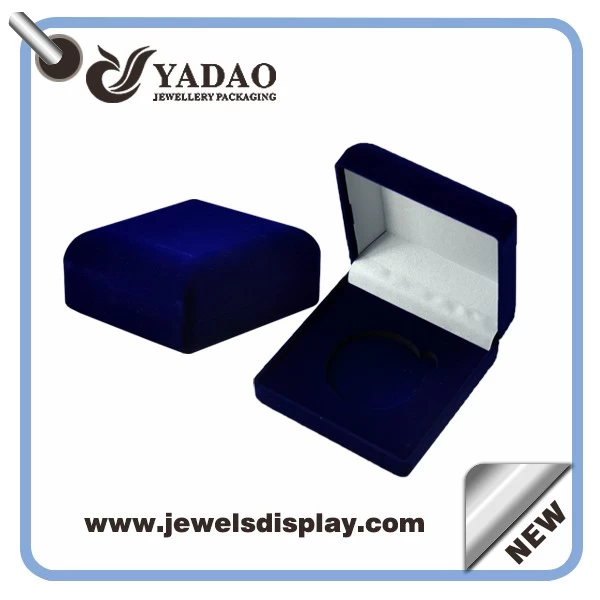 Luxury blue custom jewelry gift boxes with gold hot stamping logo and soft touch velvet insert packing box