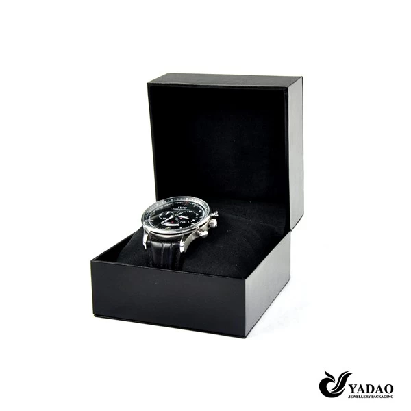Luxury custom logo black leatherette paper watch packaging box with pillow inside