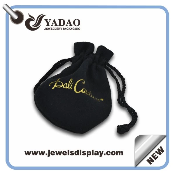Most popular soft suede jewelry pouch bag with gold stamped logo and black cord