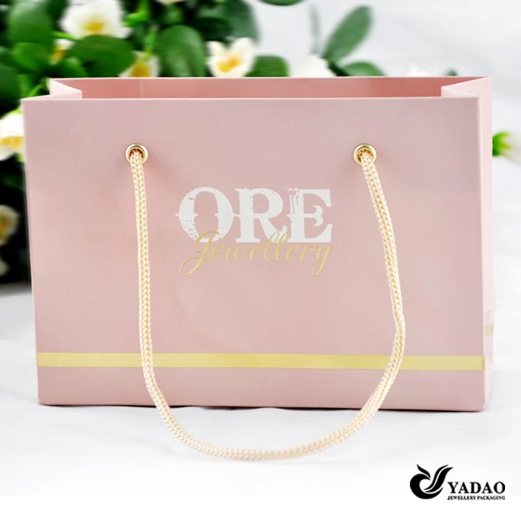Pink or blue or any color you like gift bag shopping bag with good quality rope handle and gold or silver stamped custom logo
