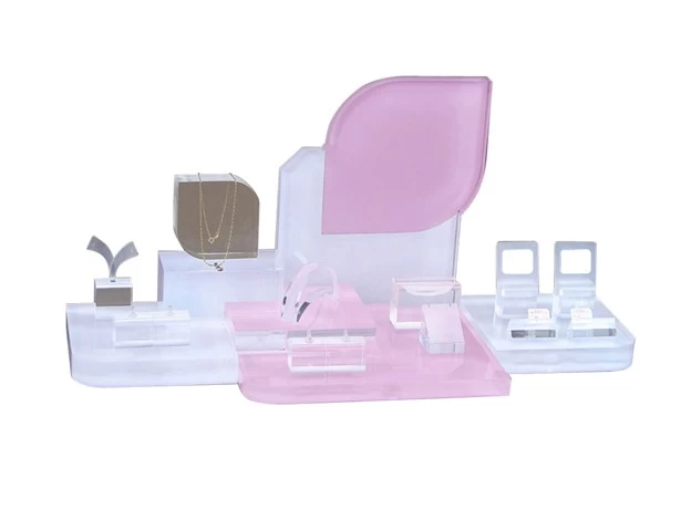 Popular beautiful pink leave shape transparent beautiful acrylic display set for showcase to display earring necklace ring