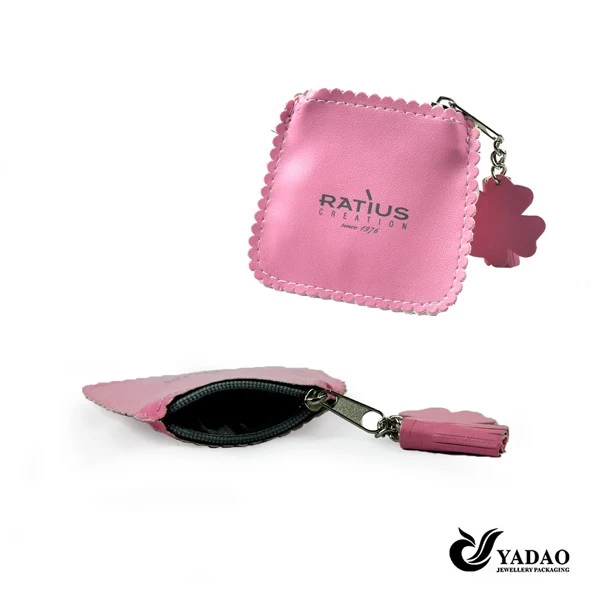 Pretty pink leather jewellery bags with silk print logo for jewelry shop Chian manufacturer